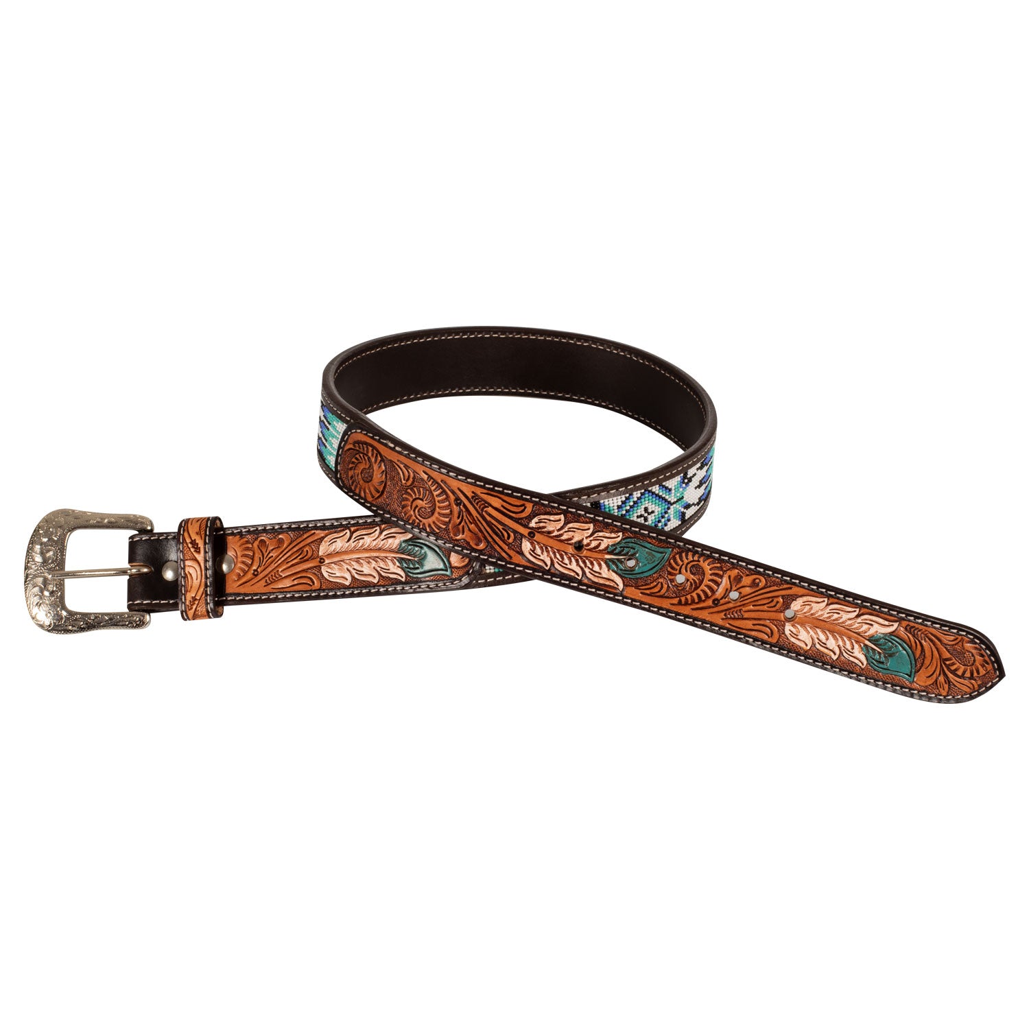 Pool's unisex western beaded belt with feather engraving