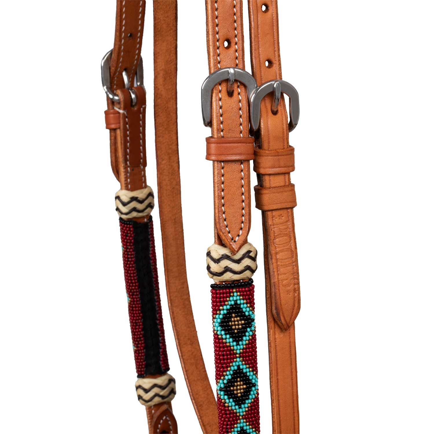 Pool's burgundy pearls bridle with horsehair mecate reins