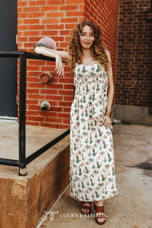 Robe midi Lucky & Blessed Crème Imprimé Cactus et Cowboy