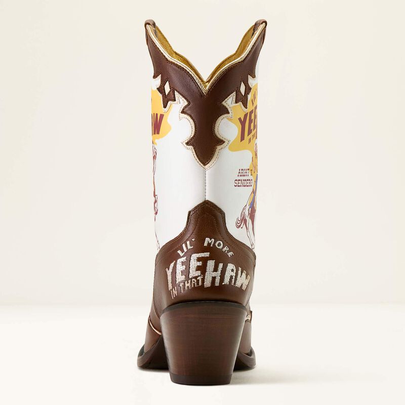 Cowboy boot with 'Yee Haw' text on a white background