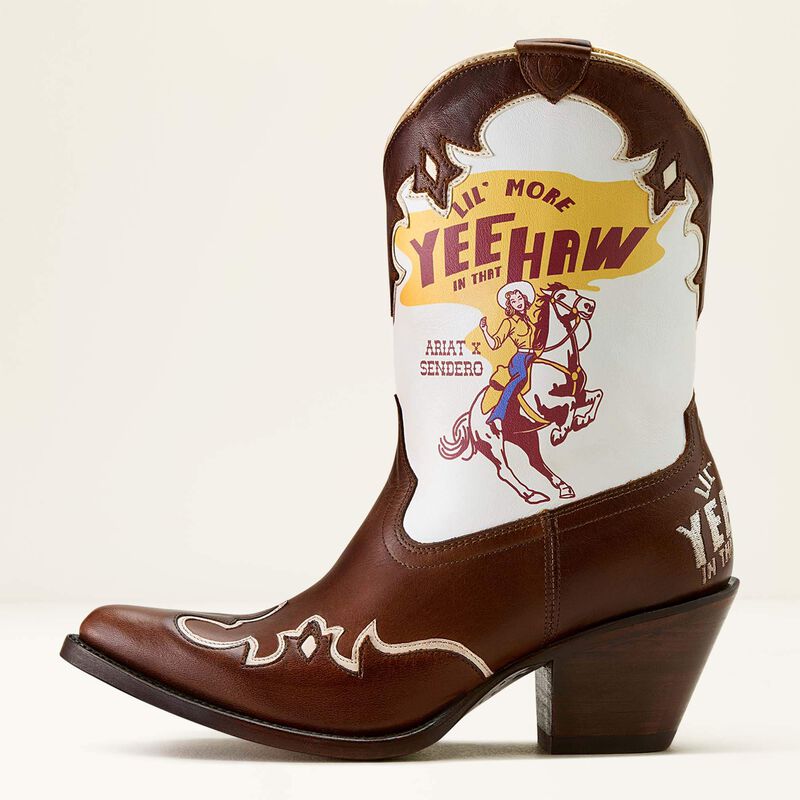 Brown cowboy boot with graphic design and text on a white background