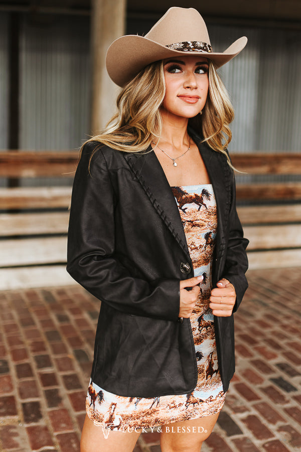 Blazer western Lucky & Blessed en cuir texturé noir cousu main