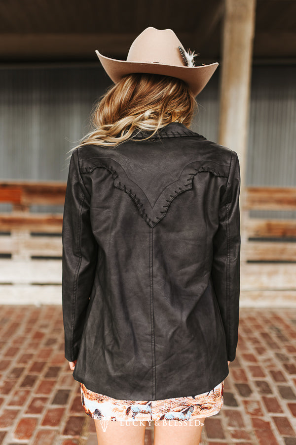 Blazer western Lucky & Blessed en cuir texturé noir cousu main