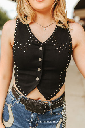 Gilet court noir en daim stretch à boutons et clous style western Lucky and blessed